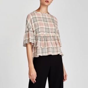 Zara Multi Check Grommet Ruffle Top Short Sleeves Sz S